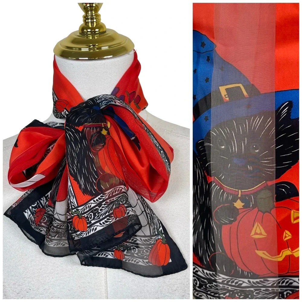 Vintage Halloween Scarf Women Orange Black Cat Witch Pumpkin Ghost Sheer Chiffon